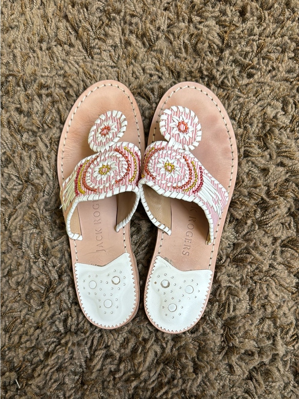 Jack Rogers leather pink, white, and gold BEADED thong sandals. Size 6